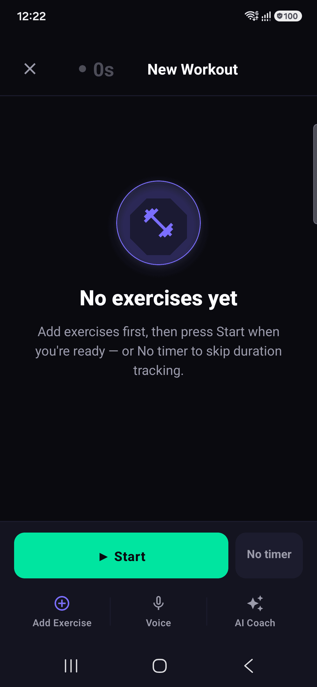 New workout screen with Voice and AI Coach actions