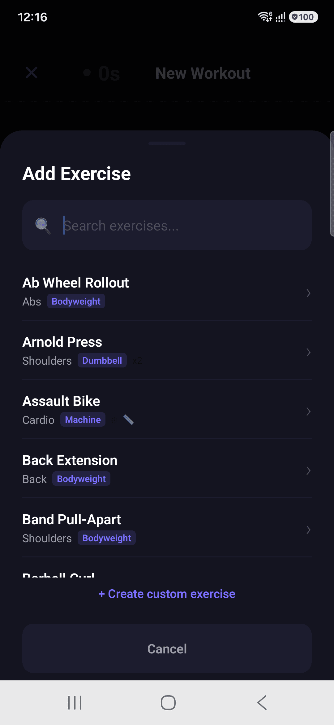 Exercise picker when adding to a workout