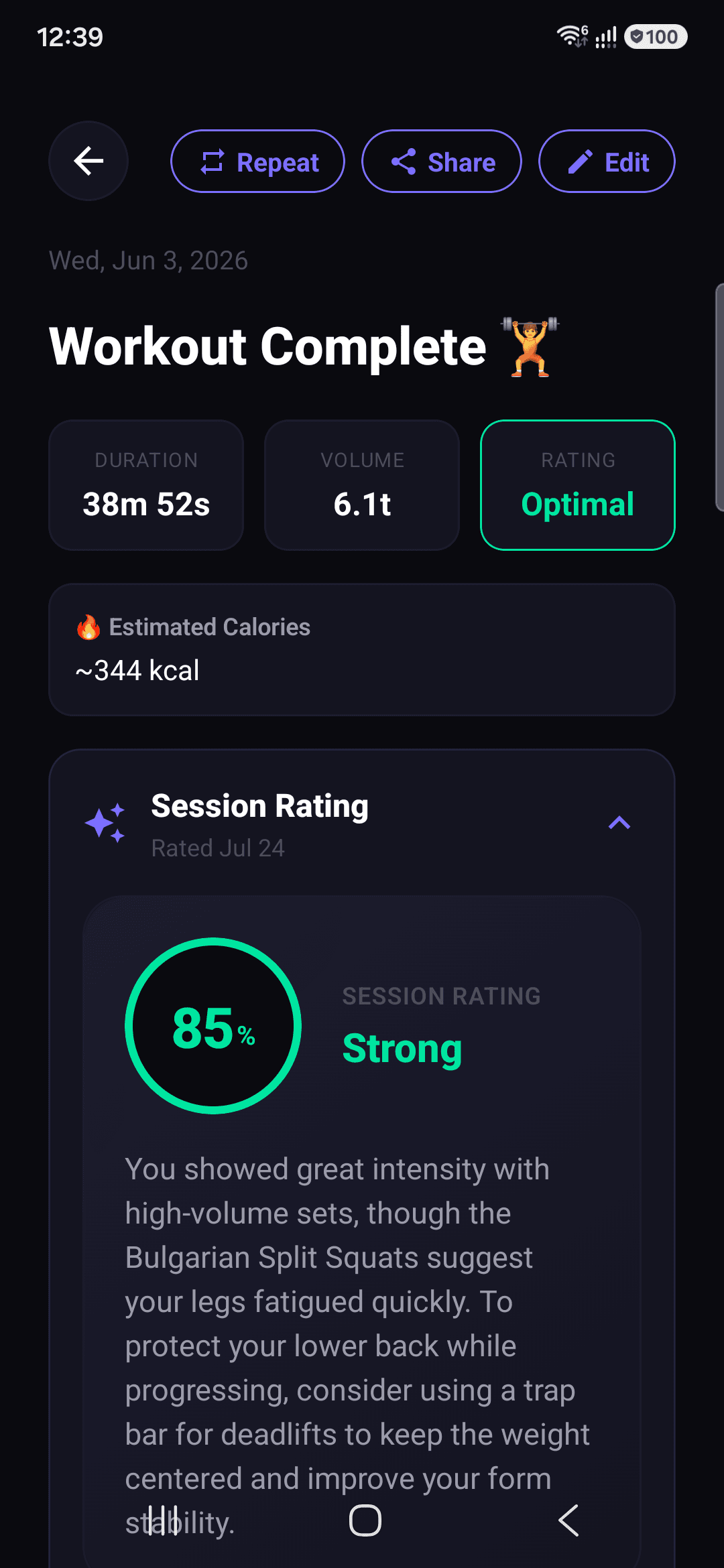 Completed workout from June 3 with session rating